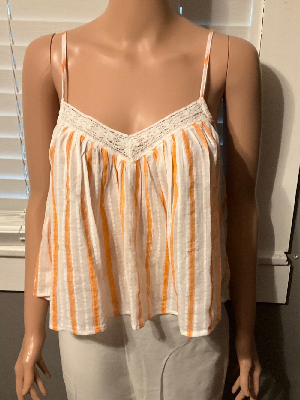 American Eagle Outfitters White & Orange Striped Lace-Trim Cami